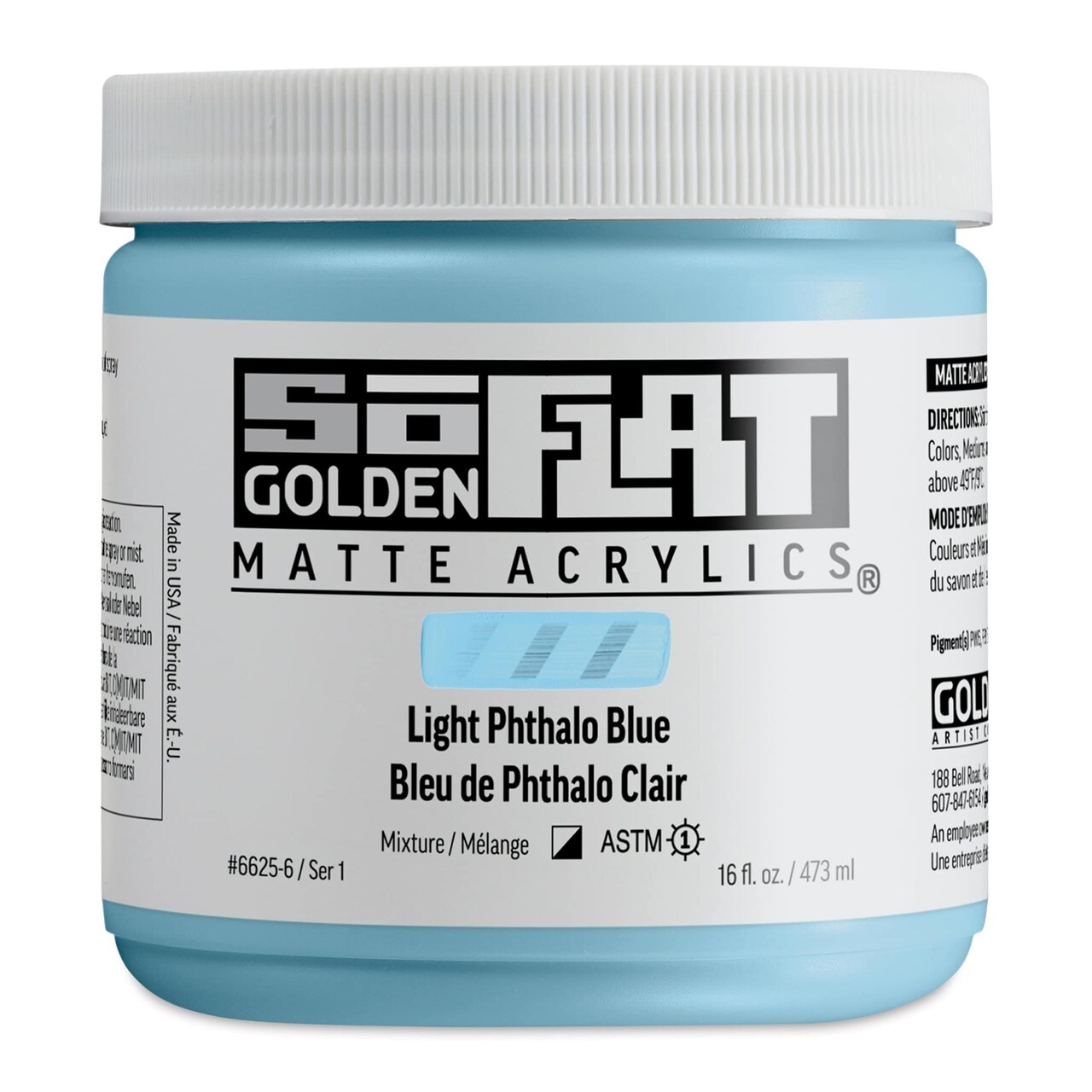 Golden SoFlat Matte Acrylic Paint - Light Phthalo Blue, 473 ml, Jar